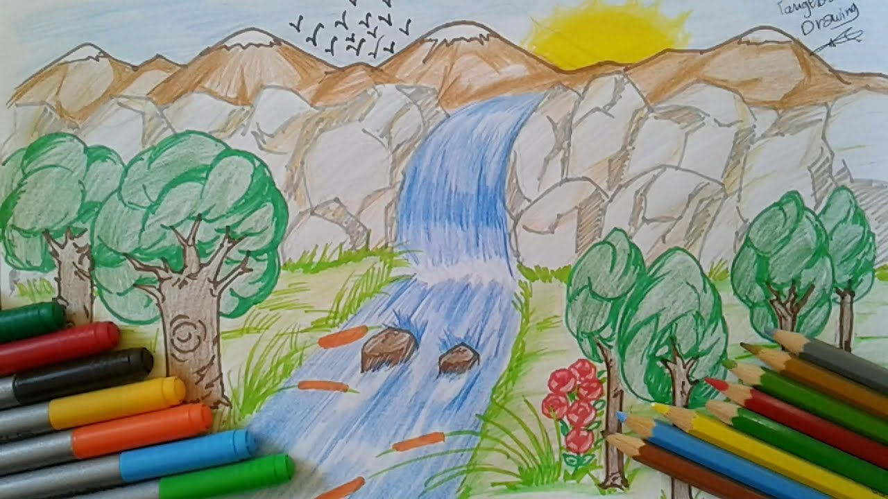 رسم منظر طبيعي سهل للاطفال , الرسم مرايه طفلك